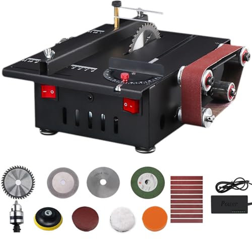 200W Table Saw, Mini Bench Saw & Belt Sander with 4 Saw Blades & 10 Sanding Belts, Adjustable Speed and 30mm Cutting Depth, Electric Saw Cutter for DIY Handmade Wooden Model Crafts
