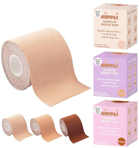 Nippli Shape Up Breast Tape (Nude) – NippelCover 7,5cm x 5m, inkl. 10 Nipplepads – Brust Tape – für den perfekten Halt ohne BH – Feuchtigkeitsbeständig & extra Breit