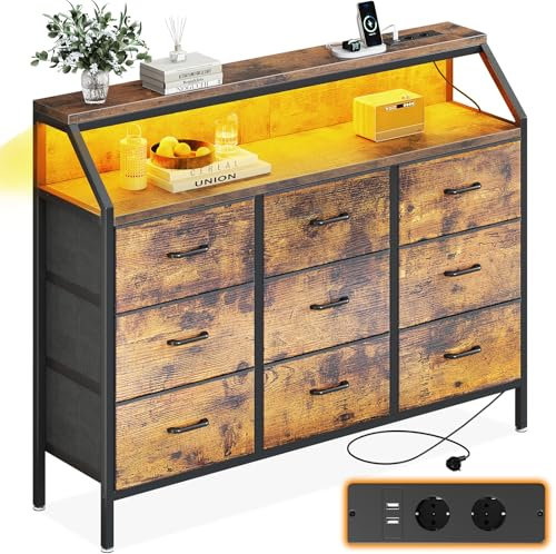 ODK Kommode mit Schubladen, Schubladenschrank mit 2 Steckdosen 2 USB-Anschlüssen und Farbwechselnder LED-Lichtleiste, mit 9 Stoffschubladen, Geeignet für Schlafzimmer, Wohnzimmer, Vintage Farbe