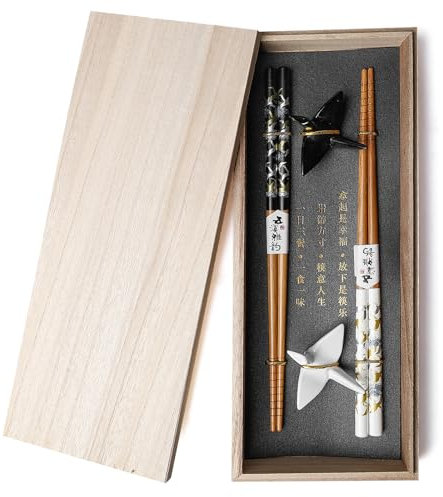 BAIFULAI 2 Paar Sushi Essstäbchen Set, Sushi Stäbchen Holz mit Keramik Paper Crane Halter, Nachhaltig Chopsticks Japanisch Chinesisch Koreanisch Taiwanesisch, Japan Geschenk
