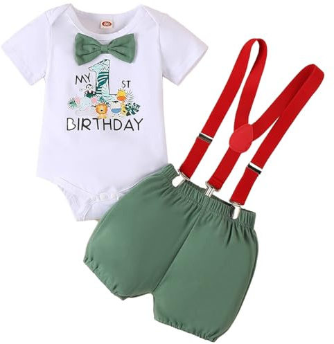 LUVCES Vestiti 1st Compleanno per Neonati Maschi Gentleman Manica Corta Pagliaccetto con Papillon + Pantaloncini con Bretelle 2Pezzi Estate Set di Abiti My 1st Birthday Verde 9-12 Mesi