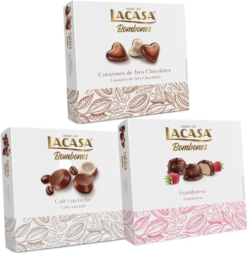 Pack Lacasa bombones corazón tres chocolates 200 G & bombones café con leche 200 G & bombones frambuesa 200 g