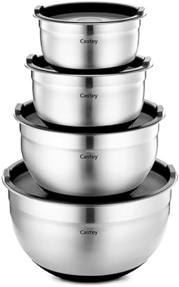 Castey - Juego de 4 Boles de Acero Inoxidable, Set de Cuencos de Cocina, con Base de Silicona Antideslizante, Incluye Tapa Hermética, Diseño Apilable, Resistentes y Duraderos
