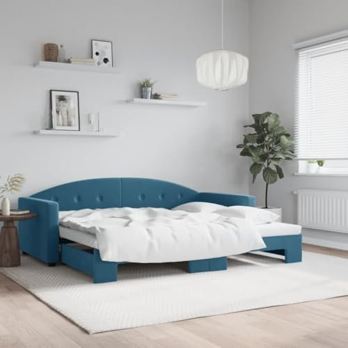 Fasba Tagesbett, Sofabett Ausziehbar, Gästebett Schlafsofa für Schlafzimmer Wohnzimmer, Ausziehbett, Sofa Bettsofa, Modernes Design, Blau 90x200cm Samt