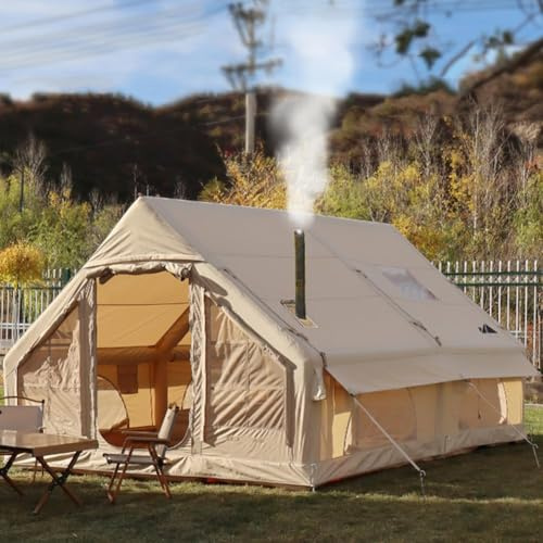 Sport Tent Aufblasbares Zelt Wasserdicht Hauszelt Stehhöhe Haus Baumwolle Luxus Wohnzelt Campingzelt mit Ofenloch Luftzelt 4-6 Personen Familienzelt Baumwoll-Leinwand Beige L:400 x 300 x 210cm
