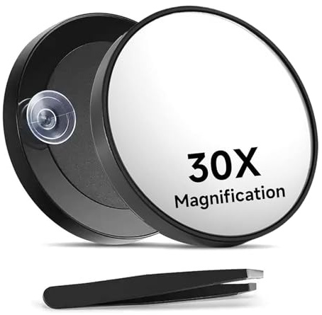 xolear Specchio Ingranditore 30X con Ventose e Pinzette, Specchio da Trucco da Bagno di alta Qualità 8.8 CM, per Trucco Precisa Sopracciglia Pinzare Eliminare Punti Neri Ideale per Casa e Viaggio