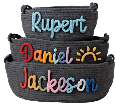 REQTYUI Personalisierter Baby-Namenskorb – individuell bestickter Baumwollseil-Organizer, Wickeltasche & Kinderzimmer-Aufbewahrungsgeschenk für Neugeborene, Kleinkinder – Babyparty, Geburtstag