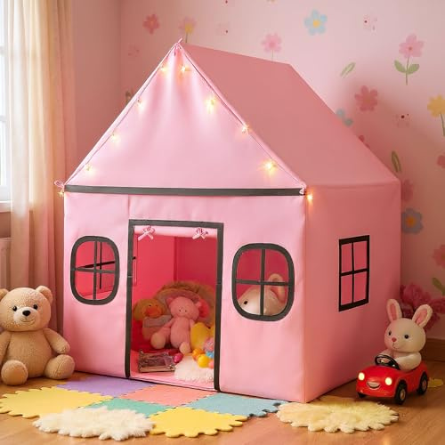 COSTWAY Kids Play Tent, Large Toddler Playhouse with Star Lights, Non-slip Mat, Windows, Side Storage Pocket, Indoor Castle Fairy Tents for Girls Boys (Pink+Grey)