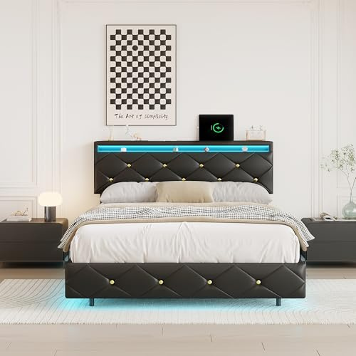 LLODERY Polsterbett Doppelbett 160x200 mit LED, Schwebebett mit verstellbarem Kopfteil und USB, Bettgestell mit Lattenrost, Jugendbett, PU Ohne Matratze