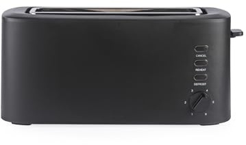 Salter Dusk Tostadora de Ranura Larga para 2 Rebanadas – Parrilla Calentadora, 6 Niveles de Dorado, Funciones de Descongelar, Recalentar y Cancelar, Ranuras Anchas, Bandeja Recoge-Migas, Negro, 980W