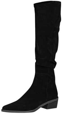 UK 6 Women Knee High Boots Slim Calf Pointed Toe Slouchy Suede Knee High Chunky Stack Low Block Heel Long Boot Winter Shoes Slip on Pull on Thigh Tall Booties Slouchy Boot Black Footwear Clearance