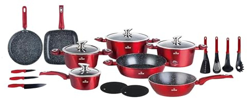 ZILNER Töpfe und Pfannen Set, 21-teilig, Marmorbeschichtung, Rot | Topfset mit Glasdeckeln, für alle Herdarten, Induktion geeignet, Aluminium, kratzfest, cool-touch-Griffe, Kochgeschirr-Set