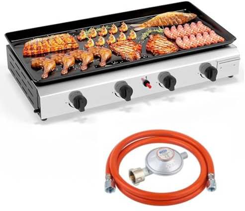 LEADZM Gasgrill, 4 Brennner 9.6KW - Ausgestattet mit einem 50-Mbar-Druckminderventil, Tischgrill für Camping, Garten & Strand