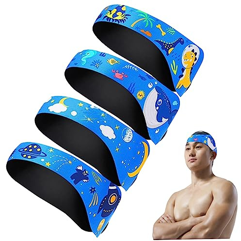 Fascia per nuoto per bambini 4 pezzi Fascia per orecchie da nuoto impermeabile elastica per capelli carina Protezione per le orecchie regolabile per Surf Blu, per bambini