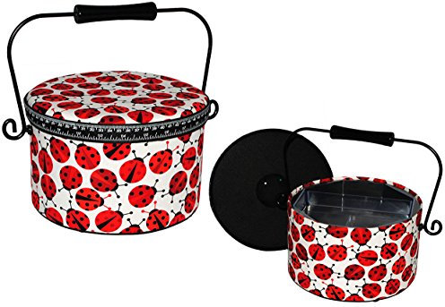 alles-meine.de GmbH 2 TLG. Nähkorb XL groß RUND - mit Marienkäfer Stoff bezogen in rot gepunktet - mit Metallhenkel - Nähkasten für Handarbeiten Nähkästchen - Handarbeitskorb lee..