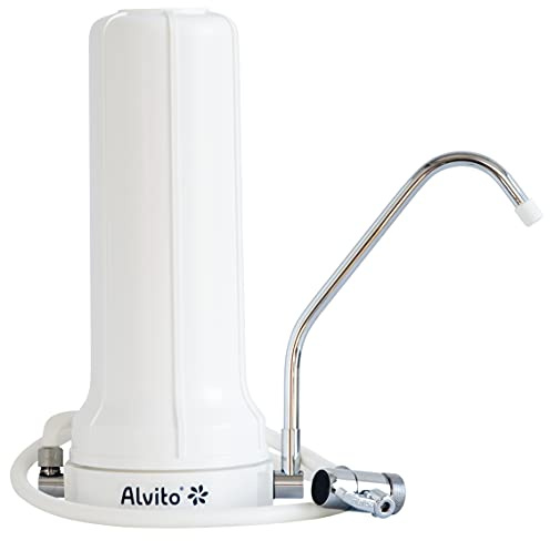 Alvito Auftisch-Wasserfilter Basic - Weiß ohne Filterkartusche | Mit verchromtem Auslaufrohr, Schlauchsatz & Umlenkventil – schnell an Küchenarmatur anschließbar ohne Werkzeug