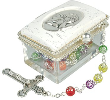 MaMeMi Rosenkranz mit BUNTEN ROSENPERLEN ca. 40 cm in eckiger DOSE mit ENGELMOTIV ca. 5,5 x 4 cm GESCHENKSET zur KOMMUNION TAUFE oder HOCHZEIT