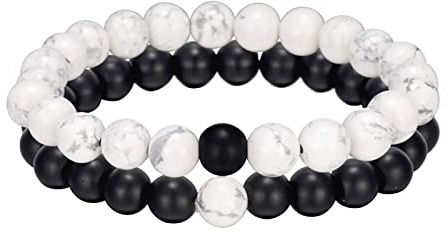 2PCS Bead Bracelets,Kucheed 8mm Natural Crystal Energy Stone Elastic Bangle,Yoga Black Matte Agate & White Howlite Bracelet,Couples Friendship Handmade Beads Bracelet Jewelry for Women Men