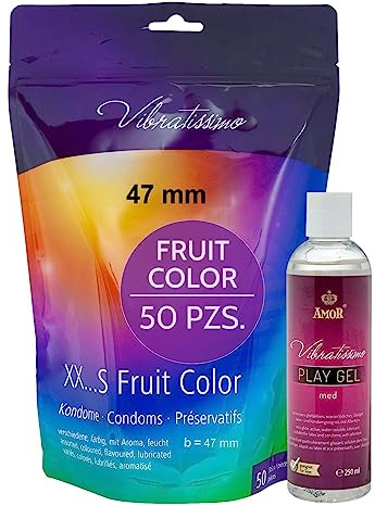 VIBRATISSIMO Kondome Fruit Color 50er Pack & Gleitgel Set | wiederverschließbarer Beutel & gefühlsecht | Bunte hauchzart | b=47 mm