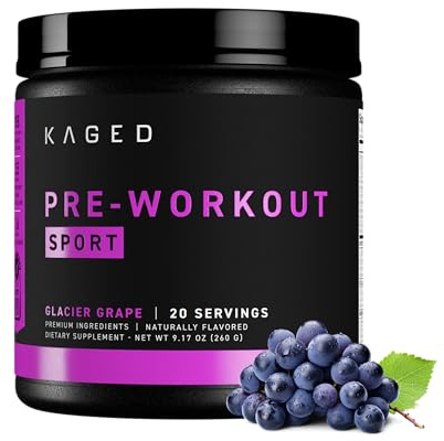 Kaged Sport Pre Workout Powder for Men & Women, Glacier Grape, Sport Certified, 188mg Caffeine, Nitric Oxide Supplement, Beta Alanine for Energy, Weightlifting, Cardio Endurance, Strength, 20 Servings
