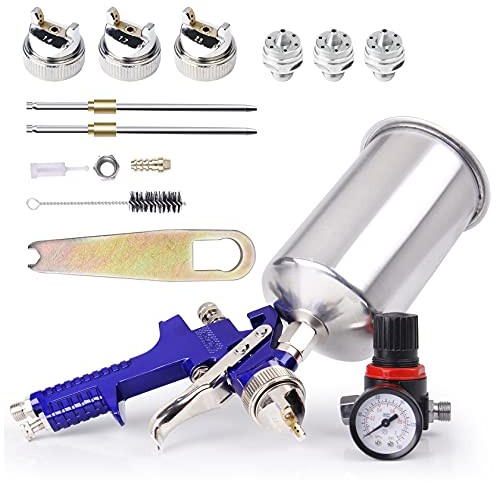 Pindex HVLP Gravity Feed Air Paint Spray Gun: 1000CC Aluminum Cup Paint Sprayer with Airbrush | 3 Nozzle 1.4MM 1.7MM 2.5MM Painting Tool Kit for Car Fence Paint (Blue)