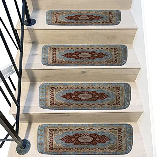 JLCP Stufenmatten,Treppenstufen Selbstklebend, Vintage Blaue Teppichtreppenstufen Langlebig Und Schön rutschfeste Treppenauflagen Für Kinder, Senioren Und Hunde,22X70cm,15PCS