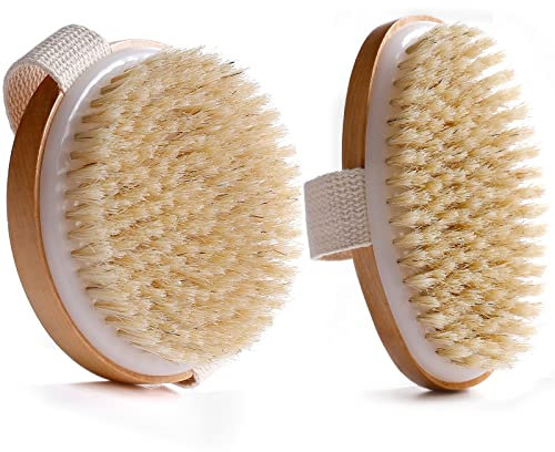 2pcs Body Brush, Dry Brushing Body Brush for Lymphatic Drainage, Exfoliating Shower Bath Brush Set Natural Wood & Bristle, 2 Sizes Round 10.5CM & Oval 13x6.5CM