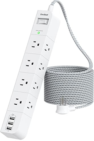 One Beat 10 ft Extension Cord,Power Strip Surge Protector 8 Widely AC Outlets 3 USB,Flat Plug,Desktop Charging Station with Overload Protection,Wall Mount for Home,Office,Travel,Computer ETL Listed