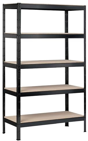 SCHULTE Regalwelt Schwerlastregal mit 5 Holzböden, 180x90x40 cm (HxBxT), Traglast pro Ebene ca. 90 Kg, schwarz-Struktur, Lagerregal, Kellerregal, Werkstattregal, Steckregal