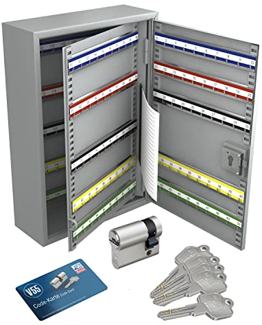 BASI | Schlüsselschrank mit passenden Profil-Halbzylinder 10/30 mm | Schlüsselkasten mit 150 Haken | Hakenleisten verstellbar und nummeriert | H550xB380xT140mm | Stahl | Farbe grau