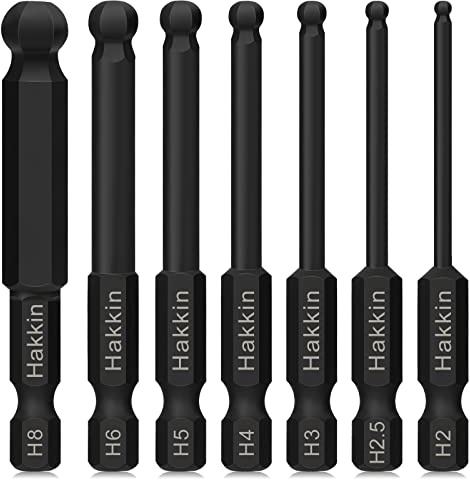 Hakkin 7Pcs Ball End Allen Key Bit Set S2 Steel Hex Bits | 1/4 Hex Shank Magnetic Hex Allen Wrench Screwdriver Bit for Furniture Assembly 65mm Metric H2 H2.5 H3 H4 H5 H6 H8