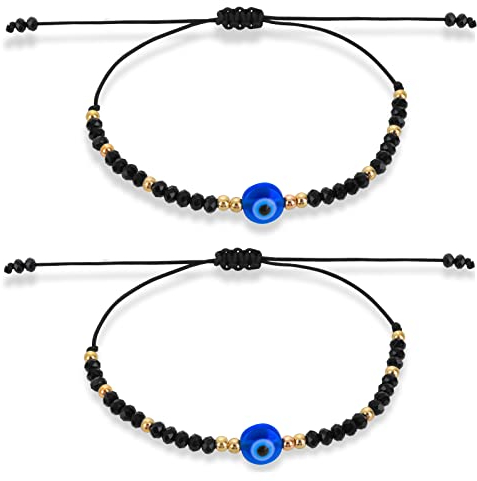 Yolev 2 Pieces Evil Eye String Bracelets Handmade Black String Adjustable String Amulet for Women Men, 16 cm