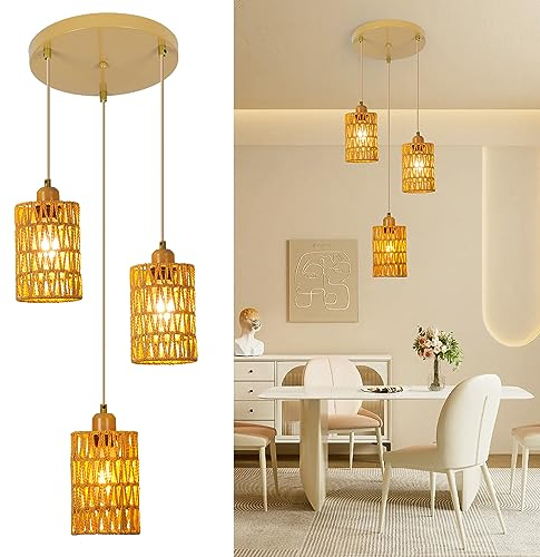 FORCOSO Pendelleuchte Esstisch - Hängeleuchte Rattan 3 Flammig, Boho Lampe Rattan Hängelampe, Hängend Deckenleuchte Esstischlampe E27 für Esszimmer Küche Schlafzimmer Wohnzimmer Flur