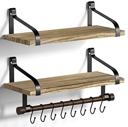 Love-KANKEI Kitchen Shelves 2-tier Floating Wall Shelves for Kitchen | Rustic Wood Organizer with Wood Rail and 8 Removable Hooks for Organize Cooking Utensils, Multi Use as Spice Rack