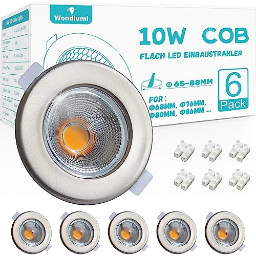 6er LED Einbaustrahler 10W Set Ultra Flach 33mm LED Spot Rund Gebürstet Edelstahl 2700K Warmweiß Deckenspots 850LM für Wohnzimmer