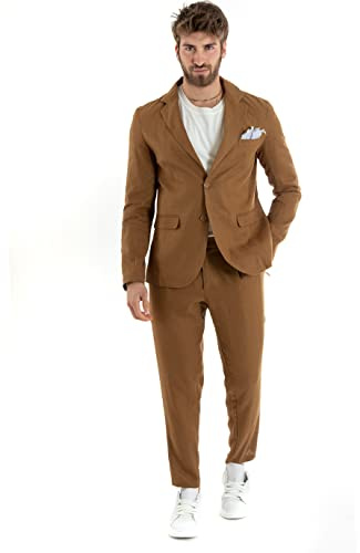 Outfit Uomo Abito Completo Lino Giacca Monopetto Pantalone Classico Tinta Unita Taschino a Pochette (44, Camel)