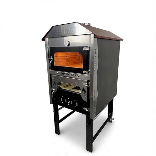 Forno a Legna Fuoco Indiretto Mattoni Refrattari Portatile In Acciaio Da Esterno Ventilato modello Luxor V2 con Girarrosto Automatico 4 Livelli Di Cottura Pizza Pane Pollo Kebab