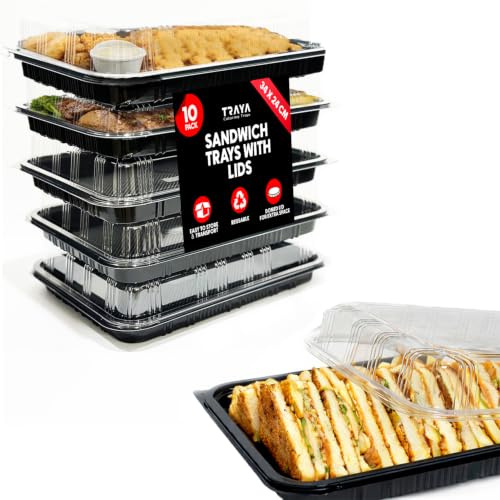 TRAYA Serviertablett mit Deckel, wiederverwendbar, Catering-Tabletts mit Deckel, 33 cm lang, für Mahlzeiten, Kuchen, Leckereien und Sandwiches (33 x 6,9 x 23,9 cm), 10 Stück