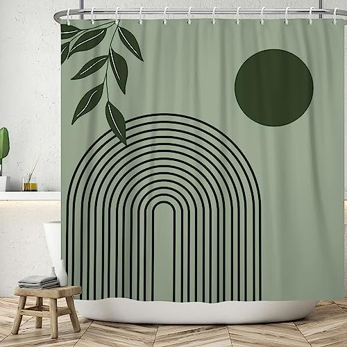 Boho Duschvorhang 180x180 cm, ASDCXZ Modern Abstrakt Kunst Grün Blätter Sonne Linie Salbei Grün Bad Waschbar Duschvorhänge Polyester Textil Wasserdicht Badevorhang für Badewanne mit 12 Haken