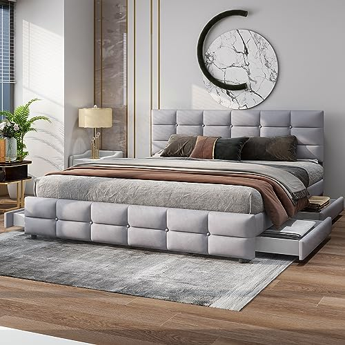 Merax Polsterbett 180 x 200 cm, Doppelbett mit 4 Schubladen, Stauraumbett mit Lattenrost und Höhenverstellbarem Kopfteil, Samtstoff Bettgestell, für Erwachsene und Jugendliche, ohne Matratze, Grau