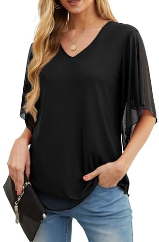QIXING Womens Summer Blouses 3/4 Sleeve V Neck Floaty Tops Short Sleeve Tunics for Women UK (Black, XL)