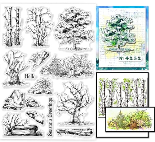 GLOBLELAND 5.83x8.27 Zoll Birken Transparente Stempel für Scrapbooking Trockene Bäume Klare Stamps Pflanzenbüsche Steine Silikonstempel Für Kartengestaltung DIY Prägung Journaling