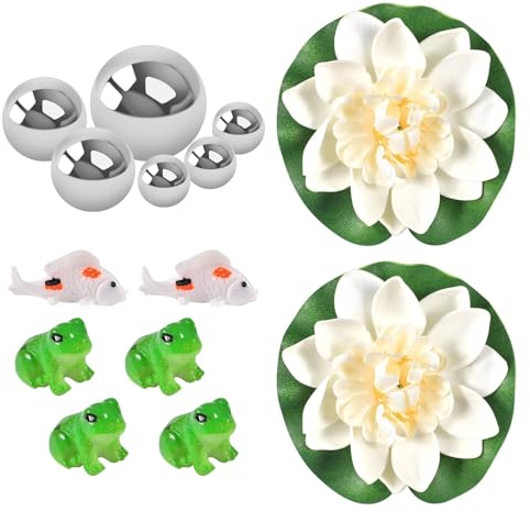 Mrracxy Klein Garten Teiche Deko Set - 4 mini Frosch, 2 Koi Karpfen mit 6 Schwimmkugeln und 2 Schwimmend Lotusblüte als Gartendekoration für Miniteich
