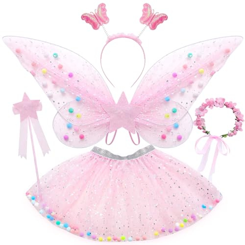 Tacobear 5 Pièces Déguisement Fée Enfant Ailes De Fée De Papillon Fille Jupe Tutu Baguette Magique Princesse Couronne Fleur Cheveux Costume Carnaval Enfant Déguisement 3 4 5 6 7 8 Ans (Rose)