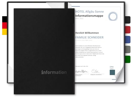 Informationsmappe A4 Naturkarton - BL-exclusivdruck® BL-plus - mit Prägung ‚information‘ - für Gäste oder Mitarbeiter - hochwertige Informations-Präsentation aus 350g/m² Pappe (Schwarz, 8 Stück)