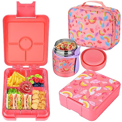 Itslife Kinder Brotdose Set mit 300ml Thermobehälter für Essen,Auslaufsicher Bento Kinder Brotdose mit Fächern, Isolierte Lunchtasche,BPA-Freie Lunchbox Bento Box Kinder, Schule, Ausflüge, Regenbogen