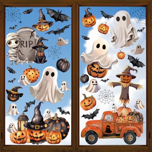 Halloween Fensteraufkleber Selbstklebende, Fensterdekoration Geist Fledermäuse Kürbis, 9 Blätter Doppelseitige Fensterbilder, Retro Aufkleber Fensterbilder für Halloween Herbst Dekoration