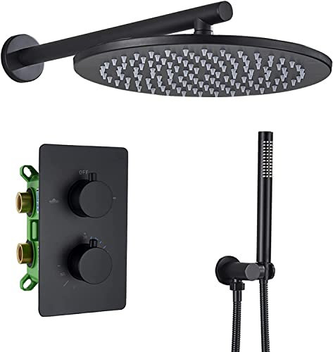 KFTLDYZL Juego de Ducha, Sistema de Ducha Empotrado, Mezclador termostático de Ducha, Juego de Ducha de Pared Negro Mate Anti-escaldaduras con Ducha de Mano y Cabezal de Ducha Tipo Lluvia,