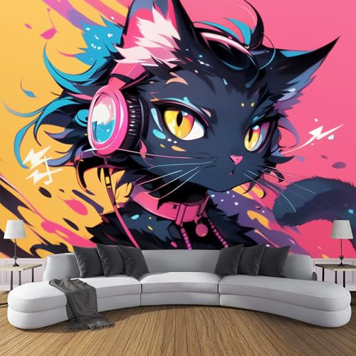 Fototapete Anime-Katze PVC Tapeten Moderne Wandtapete Wohnzimmer Schlafzimmer Kopfhörer-Katze Tapeten Wohnzimmer Jugendzimmer Wanddeko Wandtattoo selbstklebende 250x180cm