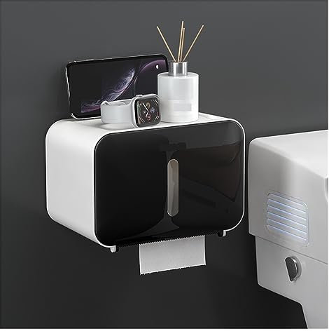 GLigeT Taschentuchhalter Stanzfreie Toilettenpapierhalterbox, wandmontierte Taschentuch-Aufbewahrungsbox mit Regal und Schublade for Badezimmer, Schlafzimmer, Küche Kosmetiktücherbox(Schwarz)